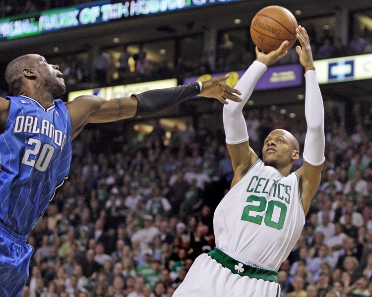 Boston Celtics Ray Allen  goes up for a jump shot against Orlando Magic's Mickael Pietrus in the fourth quarter of Game 5 of the NBA basketball Eastern Conference semifinal playoff series in Boston on May 12, 2009. The Celtics came from behind to win 92-88. <em>Associated Press/Elise Amendola)</em>