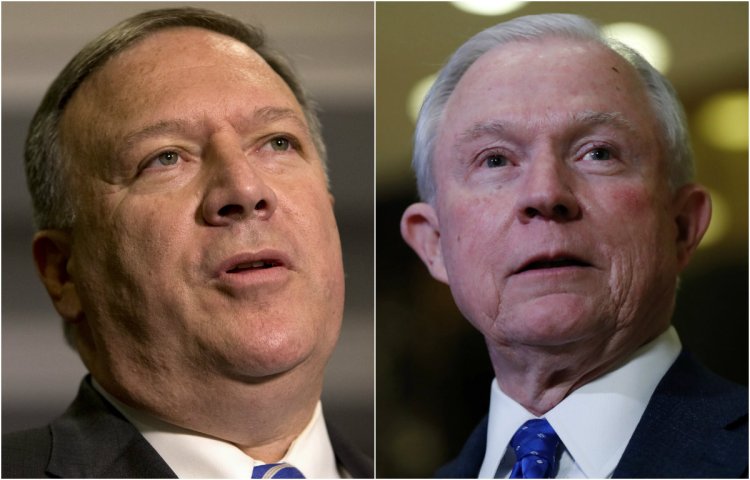 Kansas Rep. Mike Pompeo, left, and Alabama Sen. Jeff Sessions, Donald Trump's choices for CIA director and attorney general.