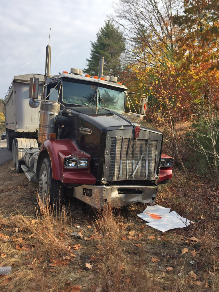 The tractor-trailer that was involved in a collision on Route 202 Wednesday morning. The driver was not injured in the wreck <em>Photo courtesy of Maine Department of Public Safety</em>