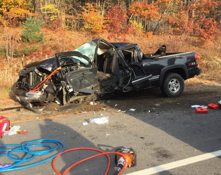 The wreckage of the pickup truck operated by Luke Fleurant is shown on Route 202 Tuesday morning. <em>Photo courtesy of Maine Department of Public Safety</em>