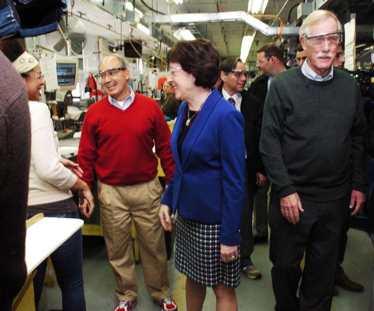In this file photo Rep. Bruce Poliquin, left, Sen. Susan Collins and Sen. Angus King tour the New Balance plant in Skowhegan in December, 2016.