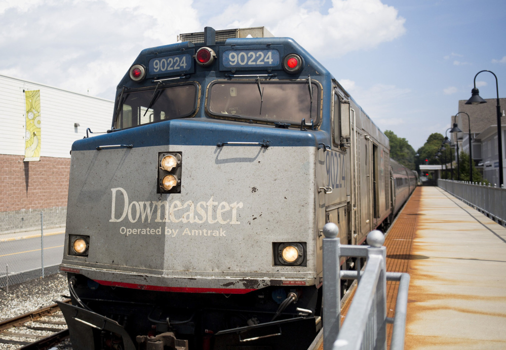 The northbound Amtrak Downeaster sits at the train station in Brunswick. The revamped train service between Maine and Massachusetts launched again 15 years ago.