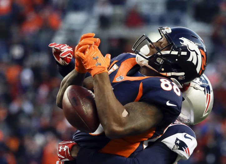 Broncos wide receiver Demaryius Thomas can't hang on to a pass under pressure from Patriots strong safety Patrick Chung during the second half of Sunday's game in Denver. The Patriots won, 16-3.