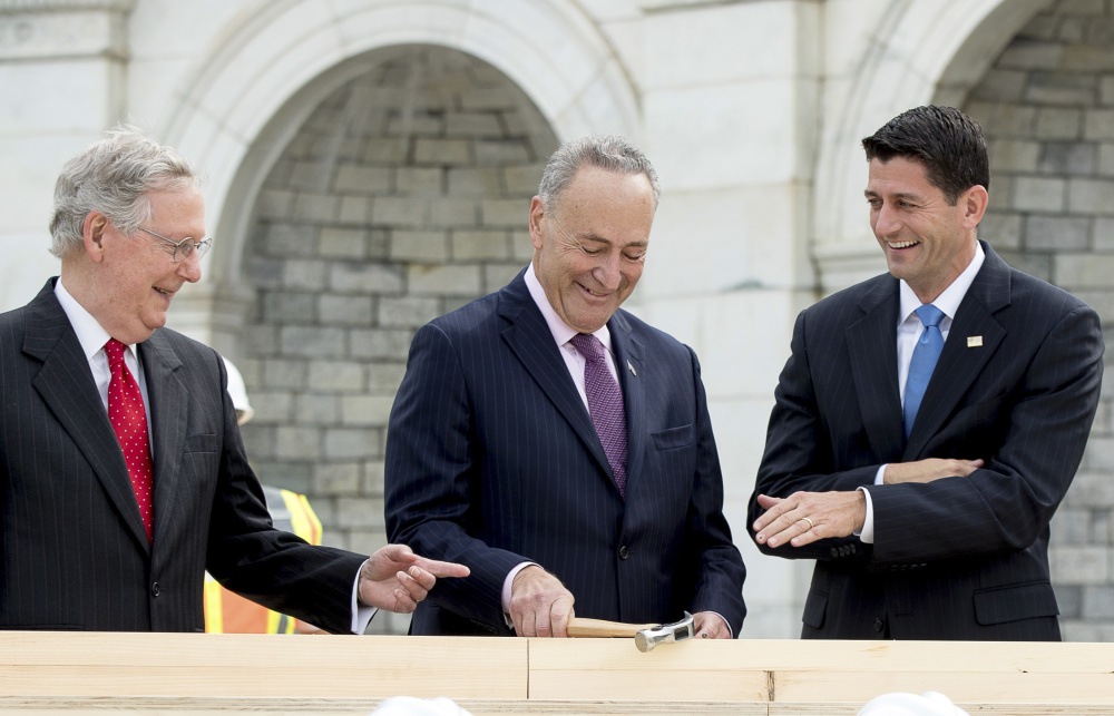 House Speaker Paul Ryan of Wis., right, and Senate Majority Leader Mitch McConnell of Ky., left, want a major overhaul of the tax system but will need the help of Senate Minority Leader Charles Schumer, D-N.Y., to move legislation through the Senate.