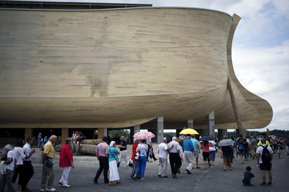 The Ark Encounter theme park in Williamstown, Ky., features a wooden reproduction of Noah's boat to the dimensions described in the Old Testament.