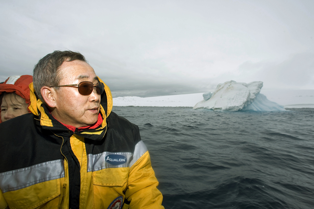 U.N. Secretary-General Ban Ki-moon looks over the water in Antarctica. Passionate about the environment, Ban pushed climate change close to the top of the global agenda.