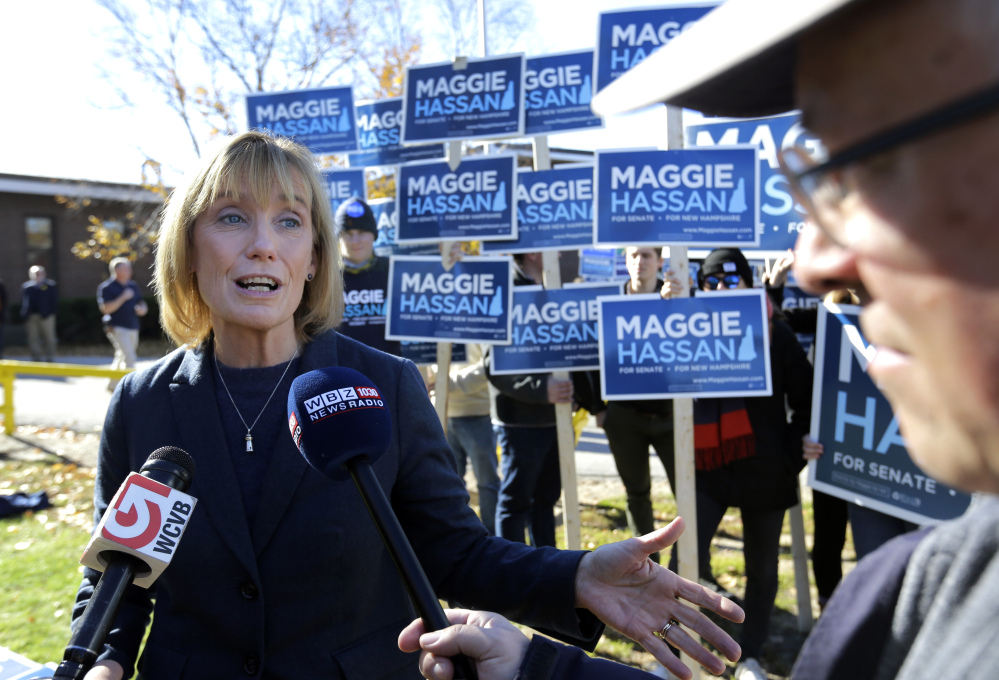 New Hampshire Democratic Gov. Maggie Hassan speaks outside a polling place in Portsmouth, N.H. on election day. Hassan is one of seven newly elected Senators.