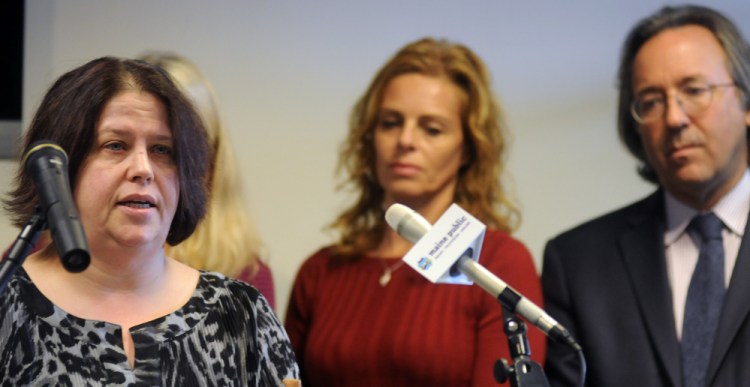 Wendy Brennan, a mother and grandmother from Mount Vernon, discusses arsenic in her well Thursday during a news conference in Augusta about a bipartisan bill to raise arsenic awareness. At right are Rep. Drew Gattine, D-Westbrook, and Sen. Amy Volk, R-Scarborough.
