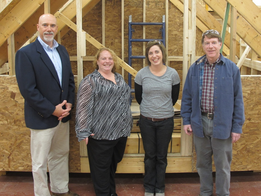 Contributed photo
Brian C. Thayer Memorial Scholarship recipient Eliza Robbins, third from right, is pictured with David Gluck, left, regional director of the Northeastern Retail Lumber Association; RLDAM board member JoAnne Tarr of Lapointe Lumber in Augusta; and Don Varney, right, department chairman of the CMCC Building Construction Technology program.