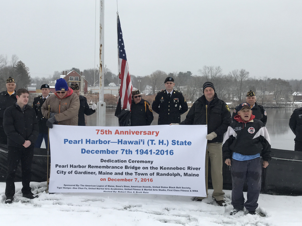 Native Hawaiian and longtime Mainer Robert Hoe, far right, organized a ceremony Wednesday in Gardiner to mark the 75th anniversary of the Japanese attack on Pearl Harbor.