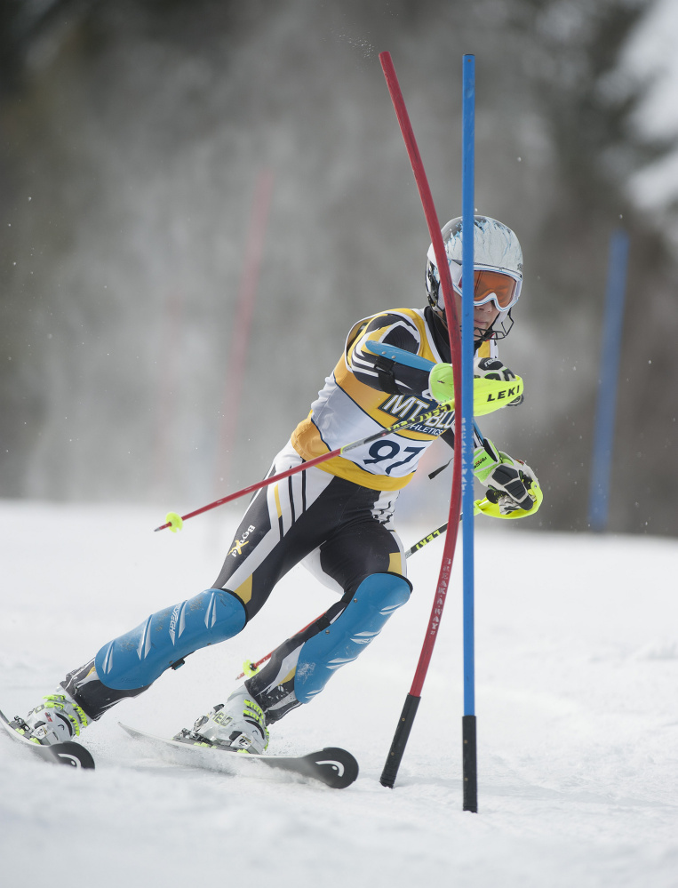 Maranacook's Nathan Delmar competes in the boys slalom at the Kennebec Valley Athletic Conference championships last season at Titcomb Mountain in Farmington.
