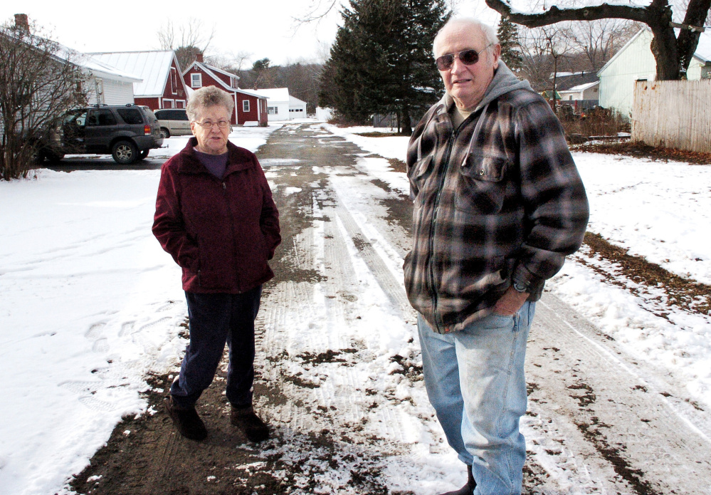 Helene and Charles Bolstridge speak about their efforts to have the town of Skowhegan continue to plow Moody Street on Thursday. The short dog-leg street with three houses on it behind the Skowhegan-Madison Elks Lodge is technically not a town street. It's a private road, but it's been plowed by the town for decades.