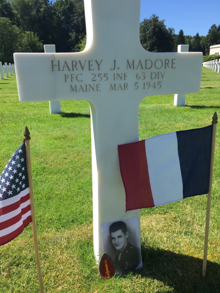 The gravesite of Pfc. Harvey Madore, who is buried at Epinal American Cemetery in Dinoze, France.