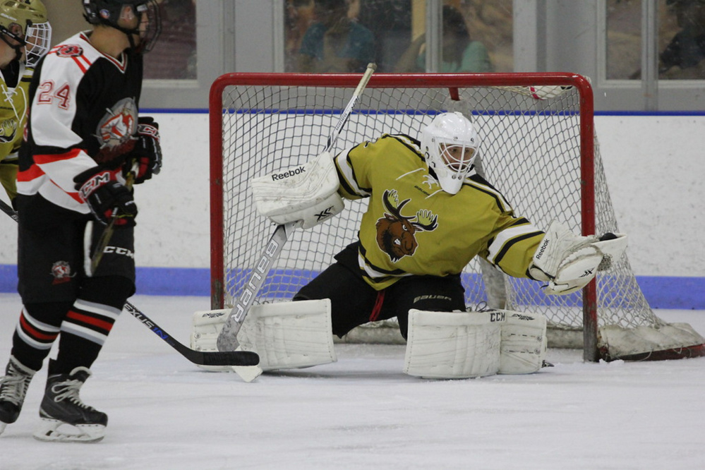 Esa Maki, a senior at Kents Hill, is a goalie for the Maine Moose 18U hockey team. Maki and the Moose are headed to the nationals in April in Lansing, Michigan.