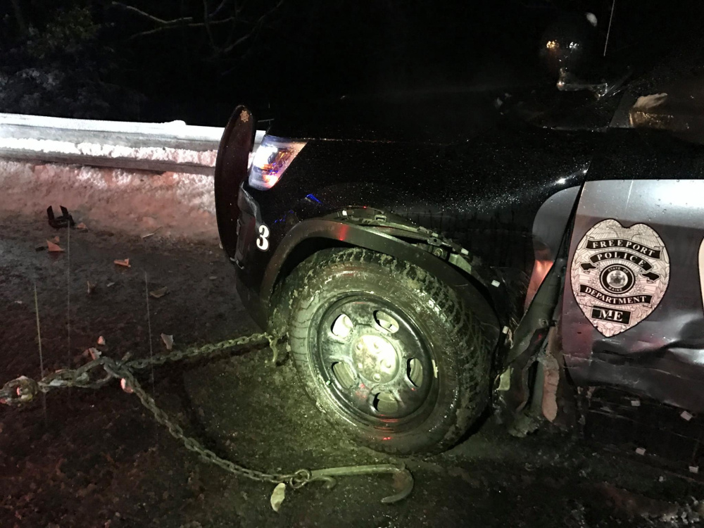 A Freeport police cruiser was struck by a Honda minivan early Sunday morning at mile 17 Interstate Route 295.