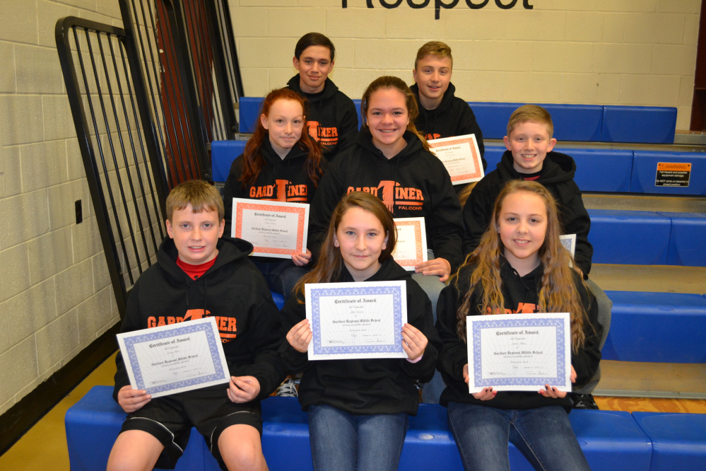 In front, from left, are sixth graders Casey Paul, Lilly Diversi and Amber White. Middle row, from left, are seventh graders Emily Folsom, Ava Goraj and Frank Albert. In back, from left, are eighth graders Marc Belanger and Isaac Gammon.