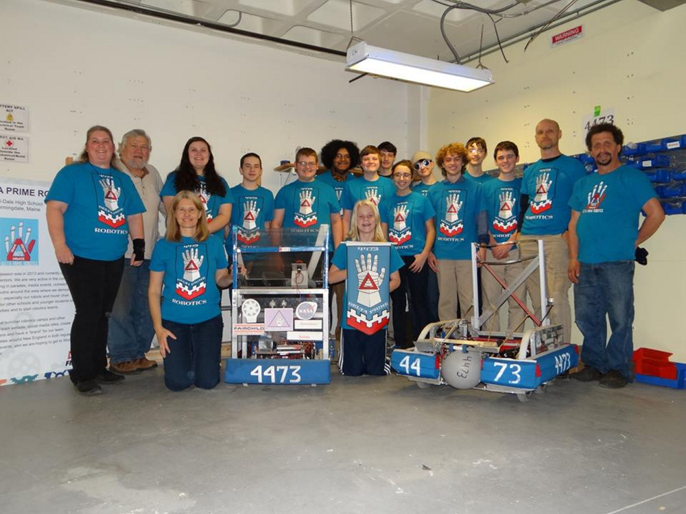 Hall-Dale High School's REM Delta Prime Robotics team, front, from left, are Sara Hodgkins and Eli Spahn. Back, from left, are Karen Giles, Mike Dunn, Hazel Houghton, Steven McCollett, Michael Crochere, Josh Noriega, Tyler Ussery, Neil Stottler, Anna Schaab, Kieran Dionne, William Fahy, Ben Hodgkins, Mac Creamer, Roy Stottler and Roger Pare. Missing from the photo are Ean Smith, Pierce Smith and Ethan Williams.