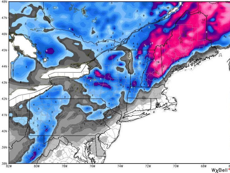 Significant snow is expected for Maine Thursday and Friday. Image courtesy of weatherbell.com