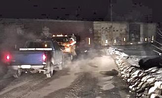 A derailed Pan Am train blocks Blue Rock Road in Leeds Tuesday morning. <em>Photo courtesy of WCSH</em>