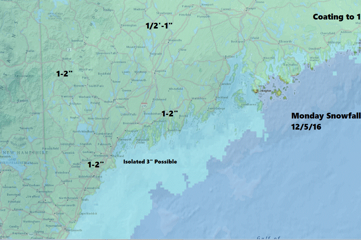 A light snowfall will bring 1-3 inches of snow to the region during the first half of Monday.