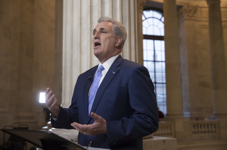 House Majority Leader Kevin McCarthy, R-California, discusses the move by House Republicans to eviscerate the independent Office of Government Ethics, during a network television interview on Capitol Hill in Washington, Tuesday. McCarthy voted against the amendment but defended the overall effort by his caucus.
