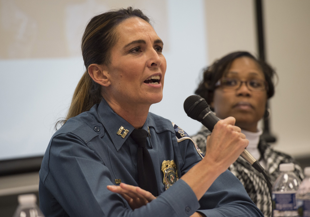Anne Arundel County Police Capt. Katherine Goodwin answers questions at a "Race and the Law" forum.