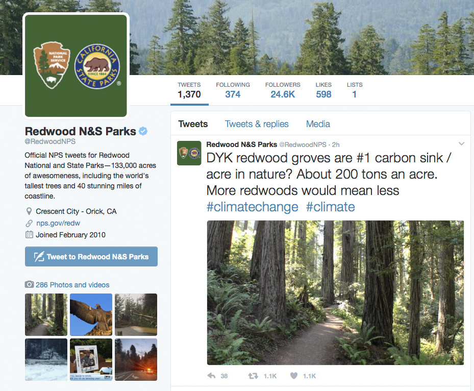 A Twitter post from the National Park Service's Redwoods National Park account about climate change. The National Park Service employees' Twitter campaign against President Donald Trump has spread to other parks.