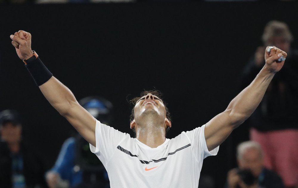 Rafael Nadal celebrates after defeating Grigor Dimitrov in their semifinal at the Australian Open in Melbourne, Australia.