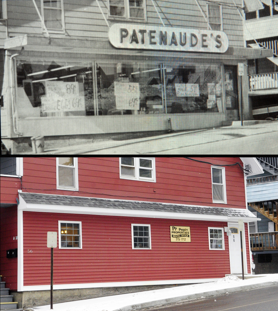This split photo shows an image of Patenaude's Superette, at top, as seen in Norm Rodrigue's "Les Magasins," which explores the stories of family-owned, full-service markets in Maine. The bottom half shows the same building in Augusta today. The Patenaude family is featured in the 47-minute video.
