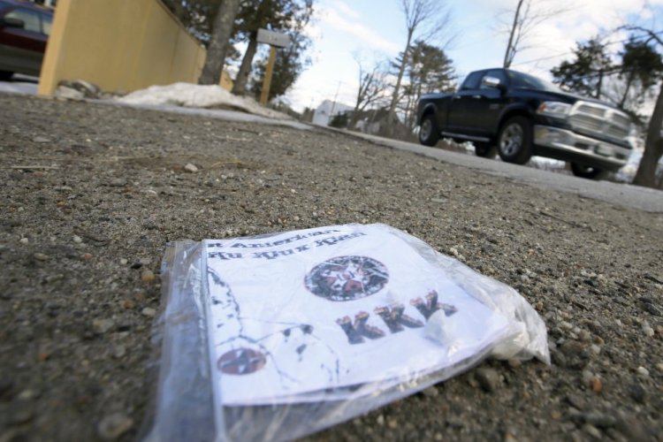 About two dozen Ku Klux Klan fliers – folded into sandwich bags and weighted with pebbles – were found Monday by residents in South Freeport.