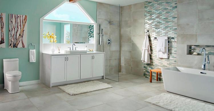 Popular transitional styling is depicted here with the American Standard 6-inch square shower head and luxurious Times Square shower system and convenient hand shower.