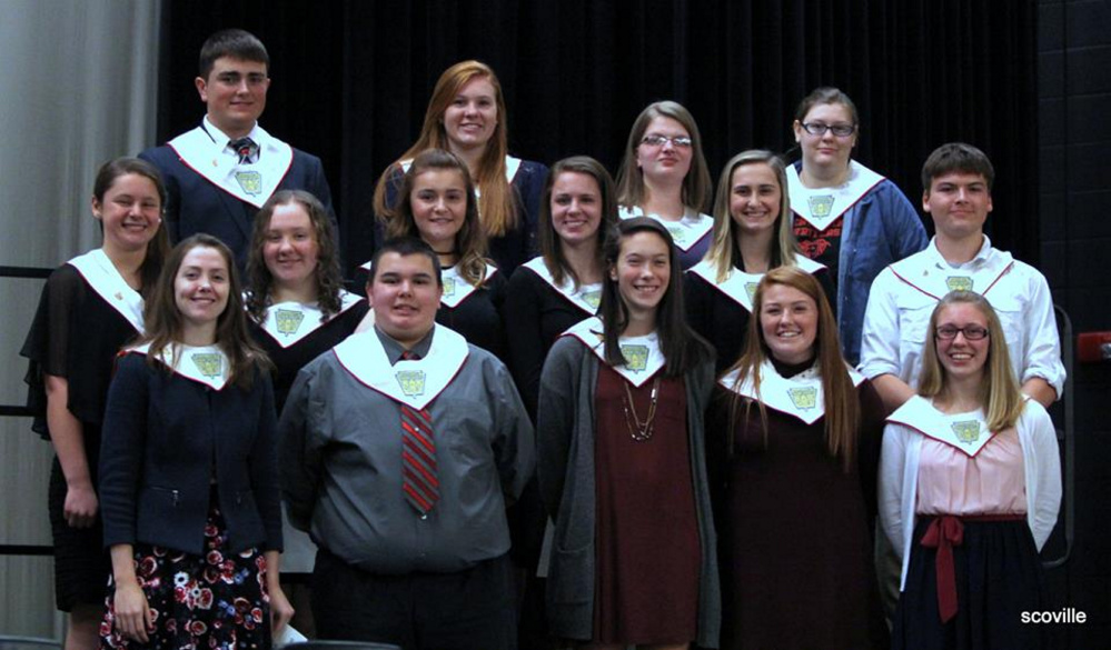 Cony High School's National Honor Society inducted 16 new members to its chapter on Dec. 11 during an induction ceremony in Augusta. New and returning members include, front, from left, Emma Whitney, Brandon Gosselin, Olivia Varney, Cari Hopkins and Tara Jorgensen; middle, from left, Haley Gagne, Abigail Lenko, Julia Nicol, Alycia Lyon, Allee Cloutier and Hayden Ouellette; and back, from left, Kolton Vining, Lauren Coniff, Helaina McCollett and Mackenzie Stephenson. Inductee Hannah Harris was absent.