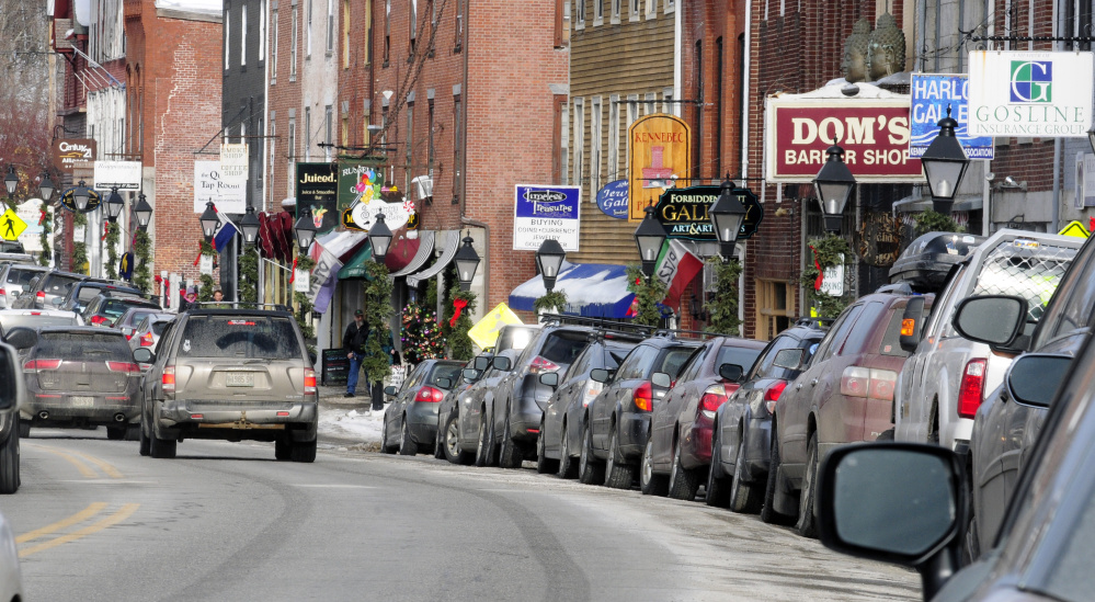 Parked cars line the east side of Water Street last week in downtown Hallowell, where parking is at a premium and will be even more of a problem during and after street reconstruction in 2018.