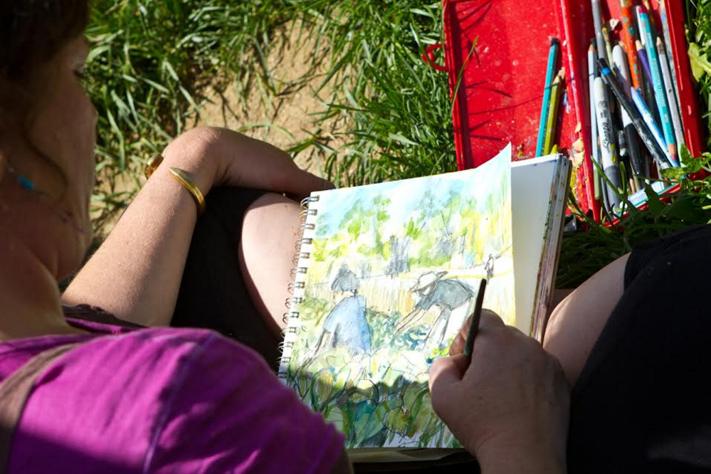 Artist Kate Barnes sketching at Grassland Organic Farm, during the first CSA project in 2012.