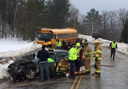 The Franklin County Sheriff's Office provided this photo showing police and emergency responders Thursday morning at the scene of a five-vehicle crash, which involved a school bus.