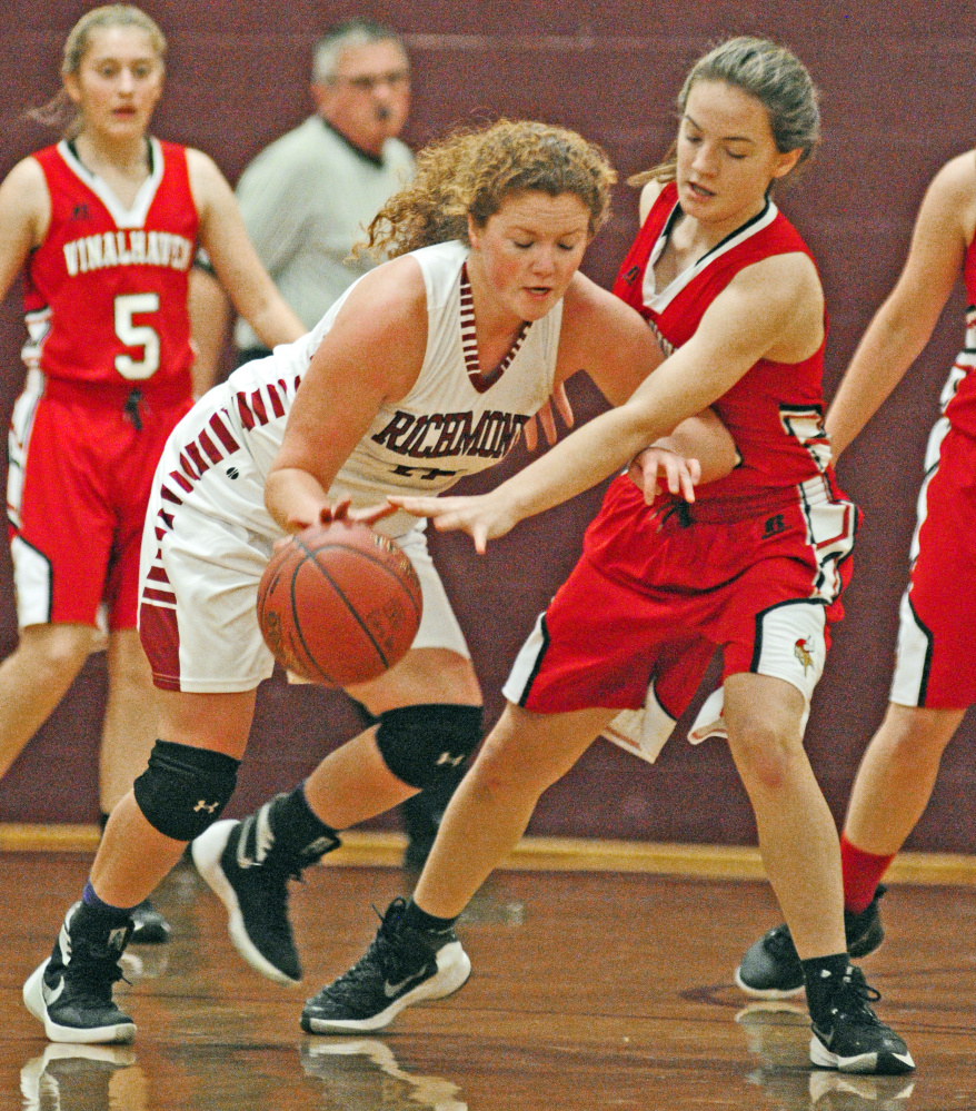 Richmond's Cassidy Harriman, left, tries to get past Vinalhaven defender Deja Doughty during a game Friday at Richmond High School.