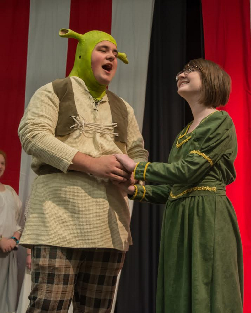 Noah LeClair, left, as Shrek, Michaela Gervais as Princess Fiona.