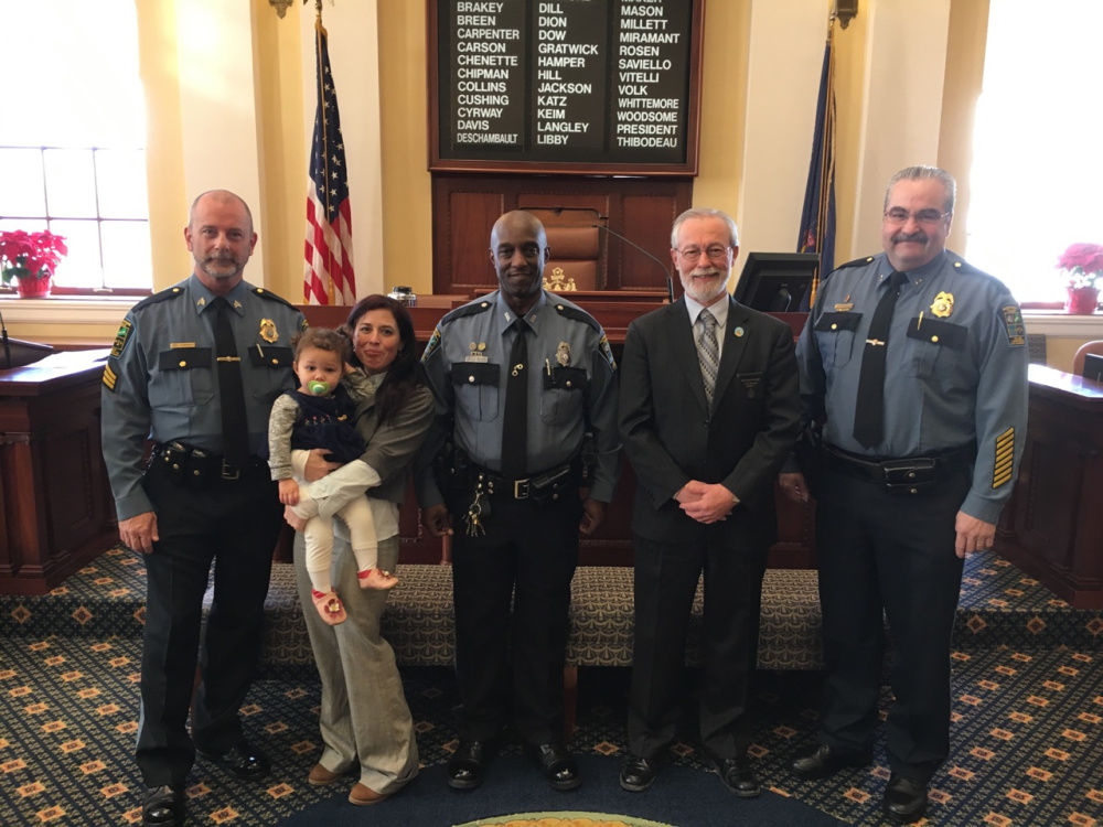 From left, are Sgt. Joel Cummings, Alayna Williams, Kate Mantor, Officer Tim Williams, Sen. Rodney Whittemore and Chief Don Bolduc.