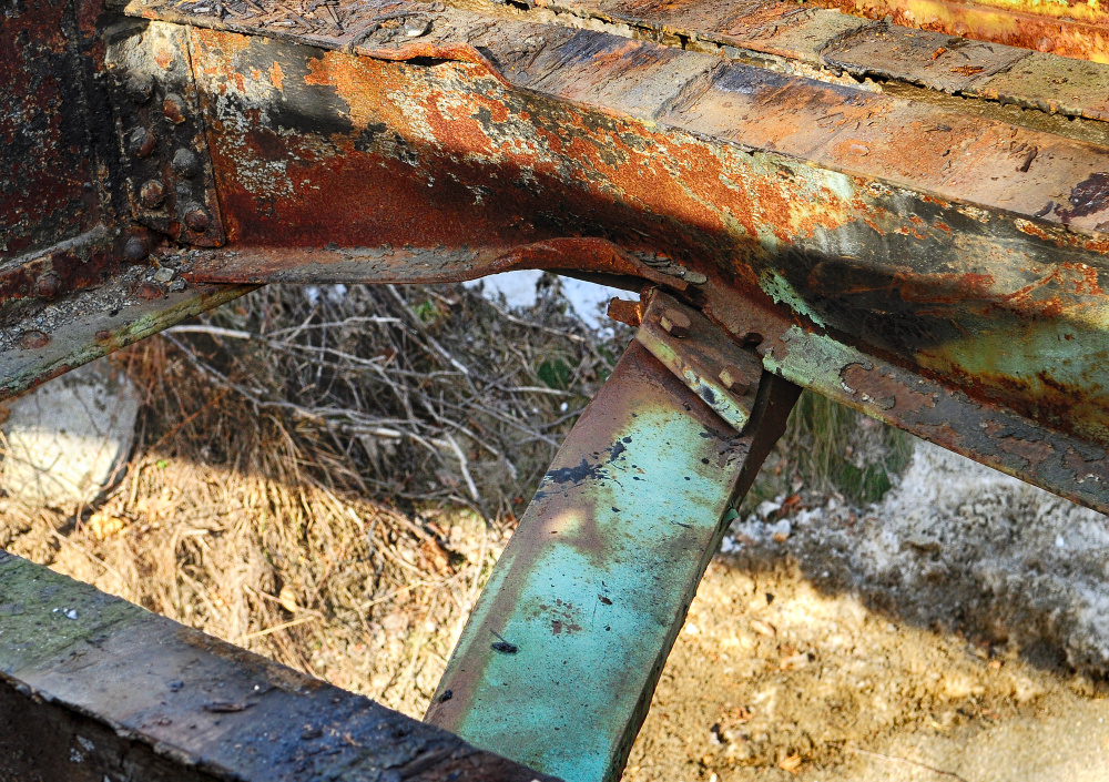 This photo taken on Tuesday shows a bent beam that was hit by a truck on the railroad bridge over Route 24 in Richmond.