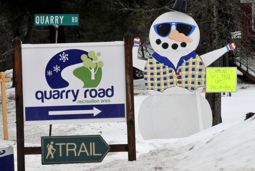 Signs promote the Quarry Road Community Ski and Winter Fun Day, which will be held Saturday at the Quarry Road Recreation Area in Waterville. The free events will be at the city-owned land, which is accessible off Quarry Road, from North Street.