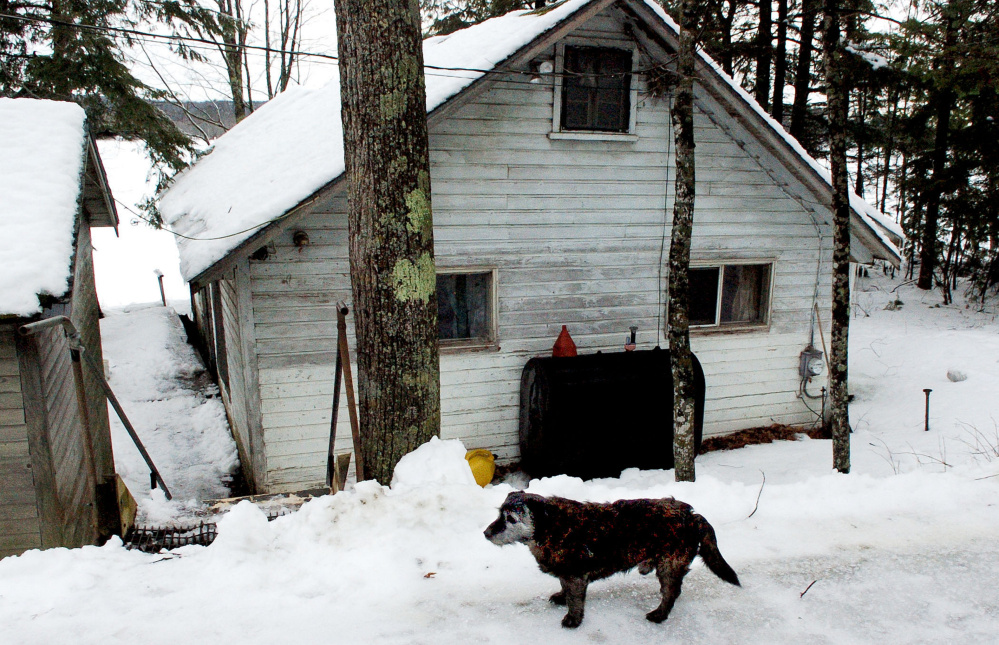 This pet dog named Pee-wee, owned by Richard and Leonette Sukeforth, remained vigilant outside their former home on Lovejoy Pond in Albion on Jan. 4. The Sukeforths, who now reside in Holden with their daughter, were recently evicted from their home after nonpayment of taxes.