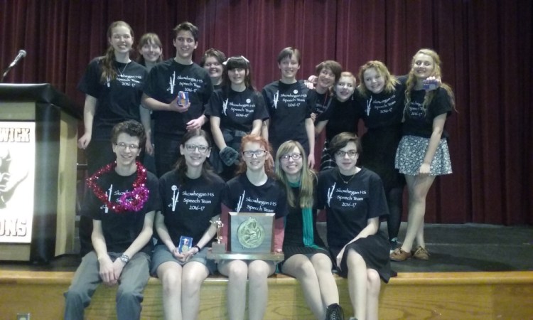 The Skowhegan Area High School speech team won the state championship Saturday. They are, front row left to right, Wyatt Carey, Sarah Brooker, Lily Weston, Sydney Lyman and Brianna Ladaga. In back row: Samantha Coombs, Phoebe Lyman, Taylor Kruse, Bailey Weston, Maggie Pono, Adelle Belanger, Anna Bourassa, Romy Gerstenberger, Haley Surette and Emma York.