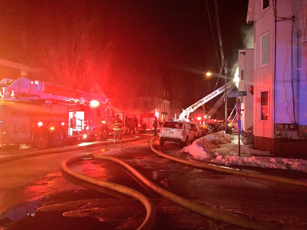 Fire crews respond to a fire on Cumberland Avenue in Portland Monday night.