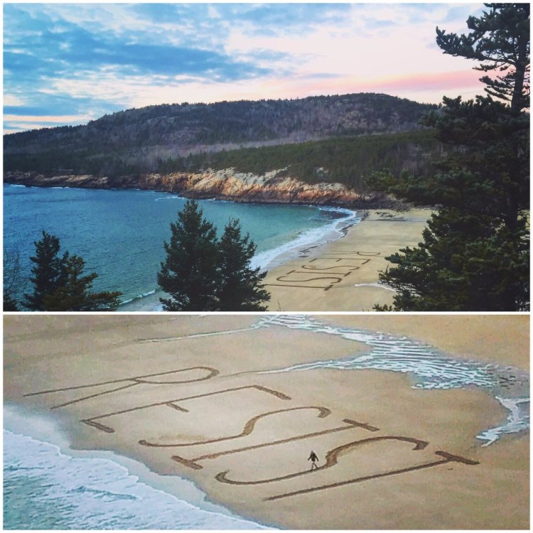 Gary Allen and several friends (including Melissa Ossanna, seen in the bottom photo) spent hours writing the word "RESIST" on Sand Beach in Acadia National park on Sunday.