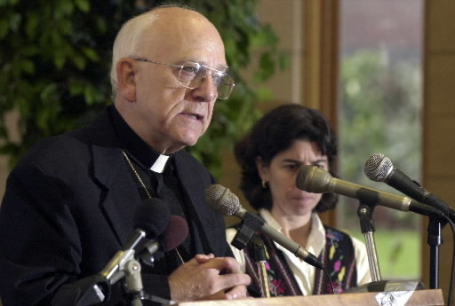 In this 2003 file photo, former Bishop Thomas Dupre of the Roman Catholic Diocese of Springfield, addresses the media to announce a policy for the protection of children and youth, and a code of conduct for clergy, administrators and volunteers. He was indicted on child rape charges the following year and died on Dec. 30, 2016. 
