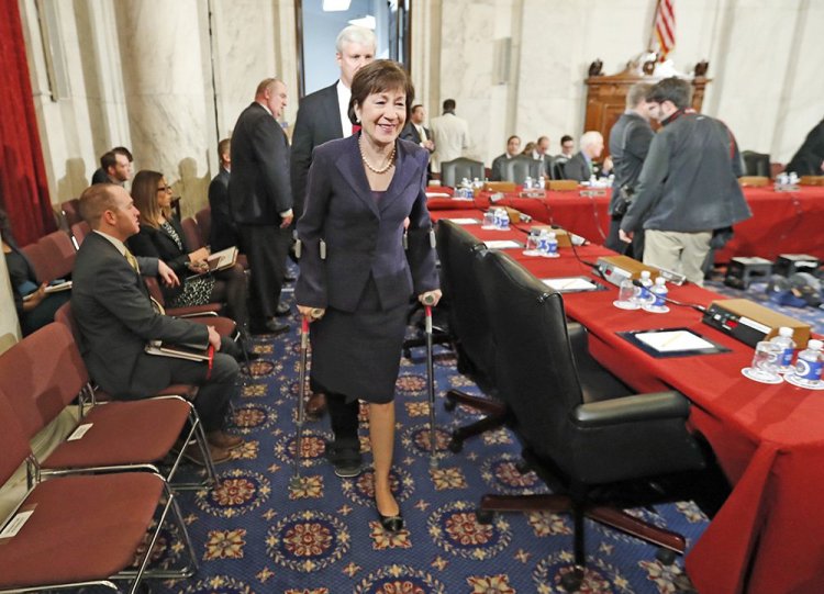 Sen. Susan Collins, R-Maine arrives on crutches at a Senate Judiciary Committee hearing for Attorney General-designate Sen. Jeff Sessions, R-Ala., last Tuesday. 