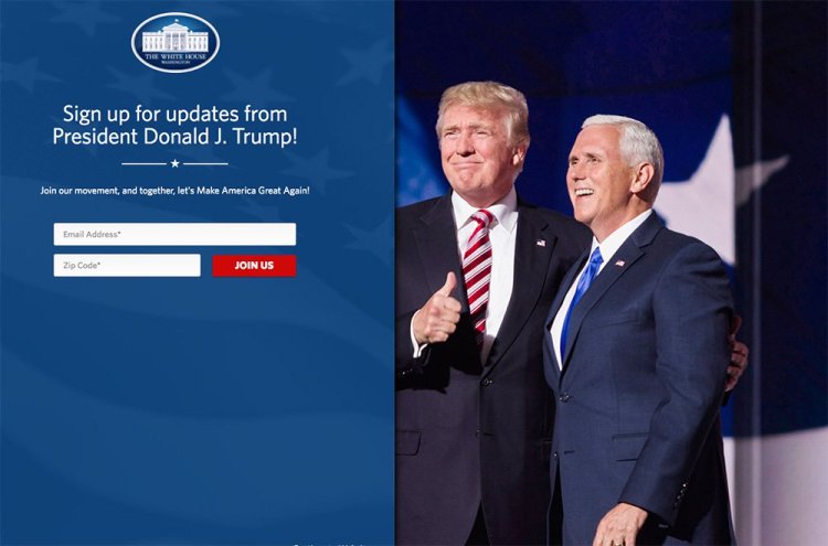 Donald Trump's makeover of the White House website includes an opening page that invites visitors to "join our movement" and provide their email address.