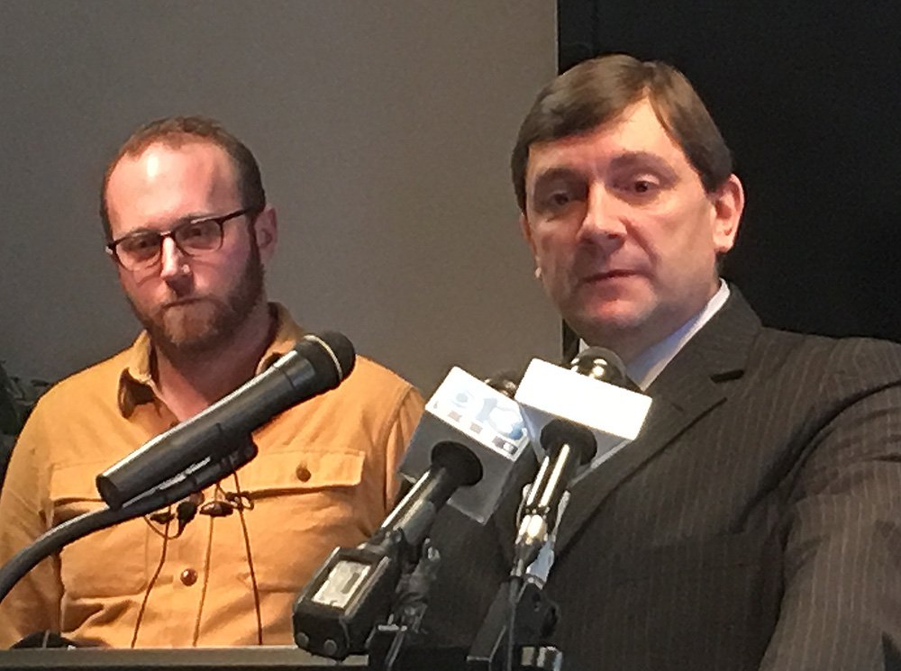 Andrew Volk, left, a Portland restaurateur and an advocate for affordable health care, joins Senate Minority Leader Troy Jackson, D-Allagash, at a news conference in Augusta Wednesday. <em>Scott Thistle/Staff Writer</em>