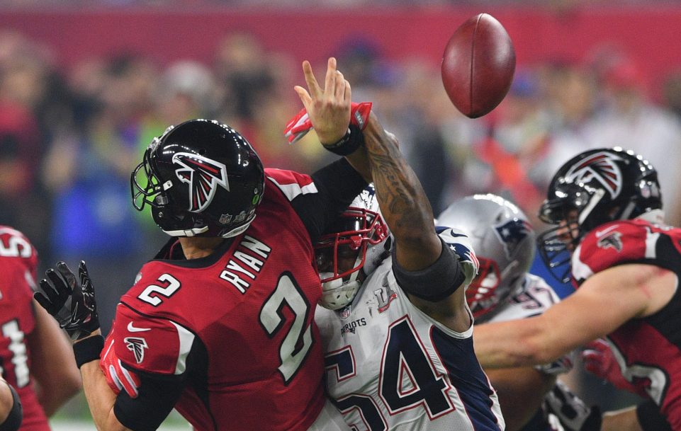 Patriots linebacker Dont'a Hightower came up with a big play when he forced Falcons QB Matt Ryan to fumble in the third quarter. Hightower is a free agent this offseason.