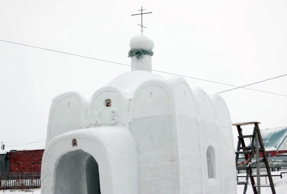 This chapel in Sosnovka, Russia, is made of snow. This image is taken from a video.